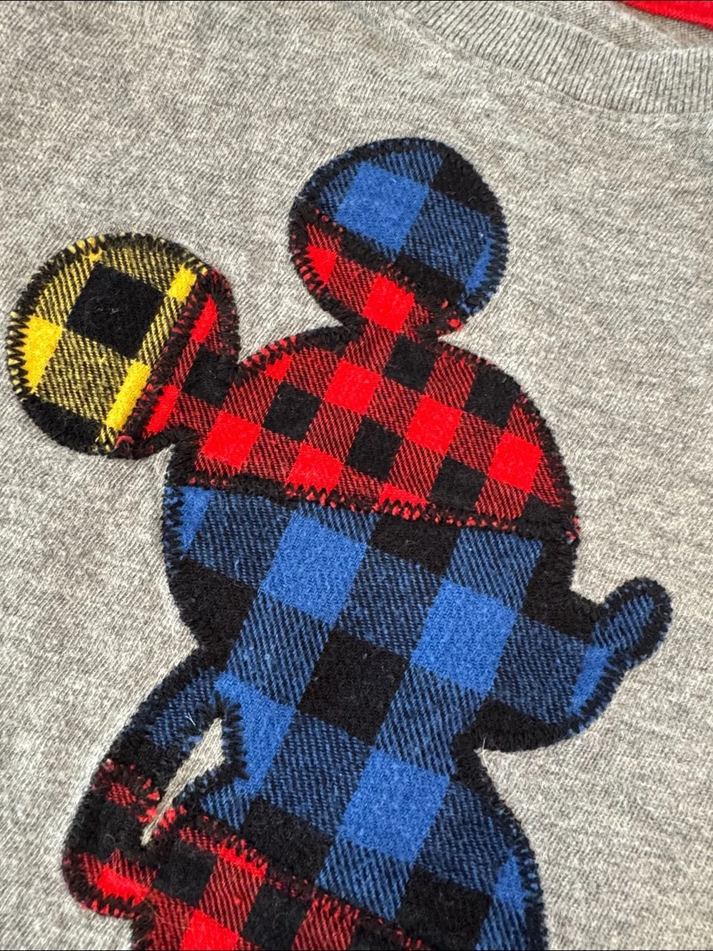 GAP Grey Long-Sleeve Tee with Plaid Disney Mickey Mouse in Red, Blue & Yellow